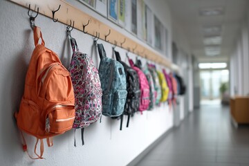 School corridor with hanging backpacks and bags, luminous lounge area