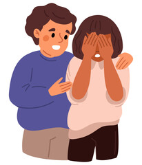 Little boy comforts and hugs crying girl. Psychological support and help for depression. Soothing embrace. Solidarity to worried sad person. Guy caring upset young woman. Vector concept
