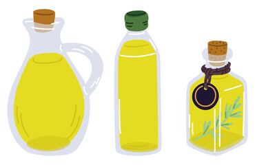 Glass bottles with corks containing olive oil. Cooking vegan ingredient. Extra virgin. Mediterranean kitchen. Organic product jug. Vector set of containers for vegetable oily liquid
