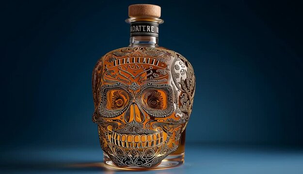 A bottle of liquor featuring a skull design
