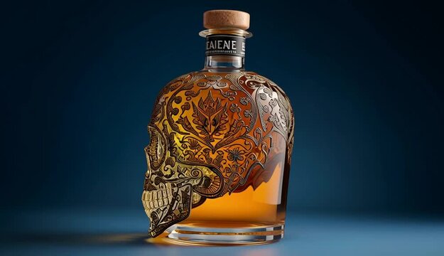 A bottle of liquor featuring a skull design
