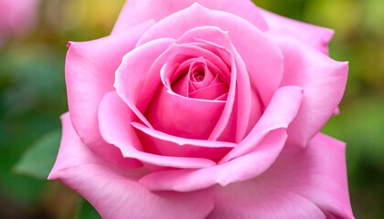 Close-up of a pink rose, vibrant petals unfurling, with a blurred green and yellow background. Soft lighting