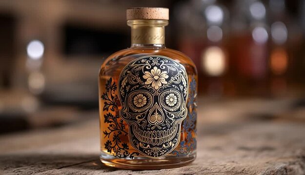 A bottle of liquor featuring a skull design
