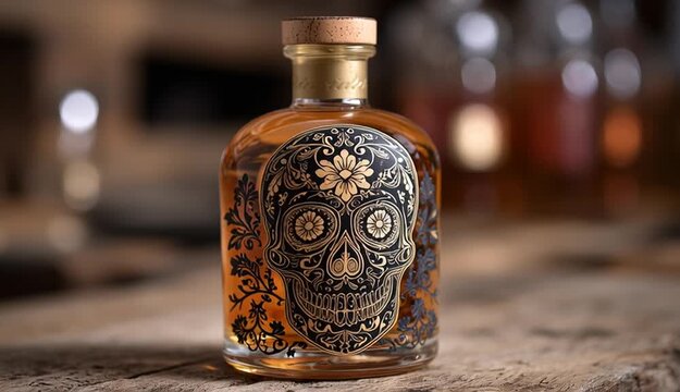 A bottle of liquor featuring a skull design
