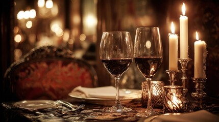 Elegant dining table set with two glasses of red wine, flickering candles, and fine tableware, creating a romantic atmosphere for a special occasion or intimate dinner