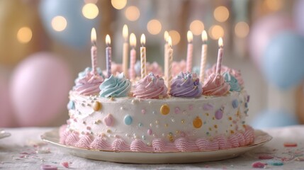 Colorful birthday cake adorned with pastel frosting, decorative sprinkles, and lit candles, set against a festive background with balloons and soft bokeh lights creating a joyful atmosphere