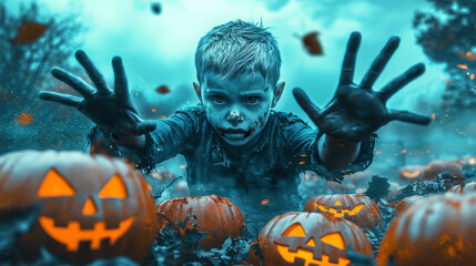 Spooky Halloween scene with a zombie child reaching out from a field of glowing jack-o'-lanterns under a dark blue sky.