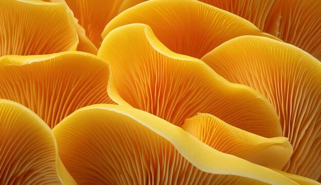 Detailed close-up of yellow oyster mushroom (Pleurotus citrinopileatus), showing its vibrant texture and organic pattern