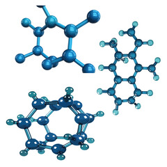Abstract molecular structure with blue spheres and connecting rods on a dark backdrop