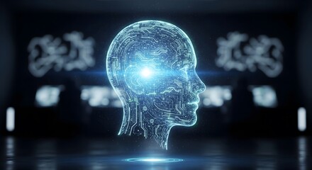Futuristic 3D render of a glowing, blue holographic human head in profile, formed by a digital circuit board pattern, symbolizing tech, Artificial Intelligence AI and advanced technology in a dark