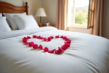 Bed with white sheets and rose petals shaped like a heart beside an open window.