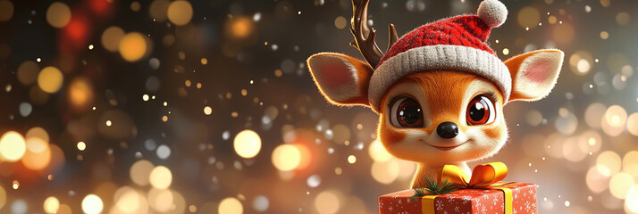Christmas funny cheerful deer in hat and gift holiday character, 3d illustration, playful pose isolated on christmas background bokeh, space for text