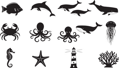 Fototapeta premium Marine Life and Lighthouse Icons Set With White Background ocean animal