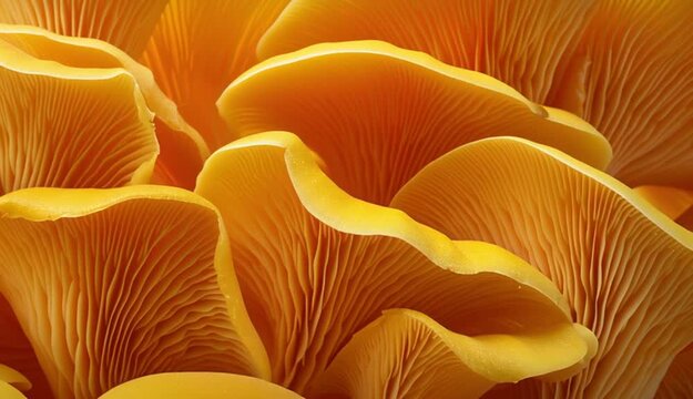 Detailed close-up of yellow oyster mushroom (Pleurotus citrinopileatus), showing its vibrant texture and organic pattern