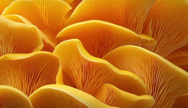 Detailed close-up of yellow oyster mushroom (Pleurotus citrinopileatus), showing its vibrant texture and organic pattern