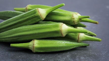 Okra Pods Stacked on Dark Background in Close-Up