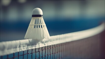 A close-up of a white shuttlecock balanced on top of a badminton net, detailed feather texture, soft natural lighting, blurred indoor court background.