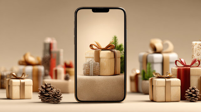 Christmas online shopping concept showing gifts on smartphone screen surrounded by many gifts with pine cones and fir branches on neutral beige background - Powered by Adobe
