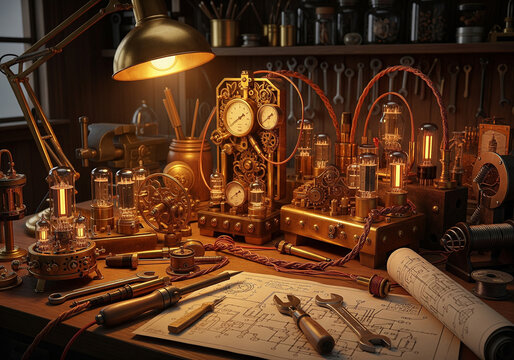 Steampunk inventor's cluttered workbench with brass contraptions, glowing vacuum tubes, and old tools, representing complex engineering and fiction