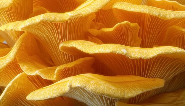 Detailed close-up of yellow oyster mushroom (Pleurotus citrinopileatus), showing its vibrant texture and organic pattern