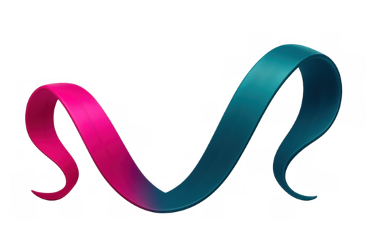 Ribbon flowing with pink and teal gradient, abstract 3d swirl shape, design element on transparent background
