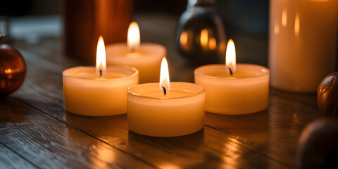 Warm candle glow on wooden surface creates a cozy, relaxing mood.