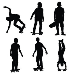 Silhouette Set of Skateboarder Performing Tricks like Extreme Sport, Youth Culture, Handstand, and Urban Lifestyle Vector © shahriar