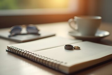 Open journal and wedding rings on a table beside morning coffee.