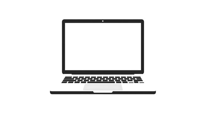 Minimalist vector icon illustration of a laptop or notebook computer with a blank white screen, depicted in simple black and white flat design