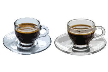 Two clear glass espresso cups filled with dark coffee sit on matching saucers ready to be enjoyed