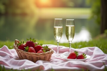 A cozy picnic setup with champagne and strawberries near a lake.