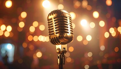 A close-up studio shot of a vintage gold microphone against a blurred background