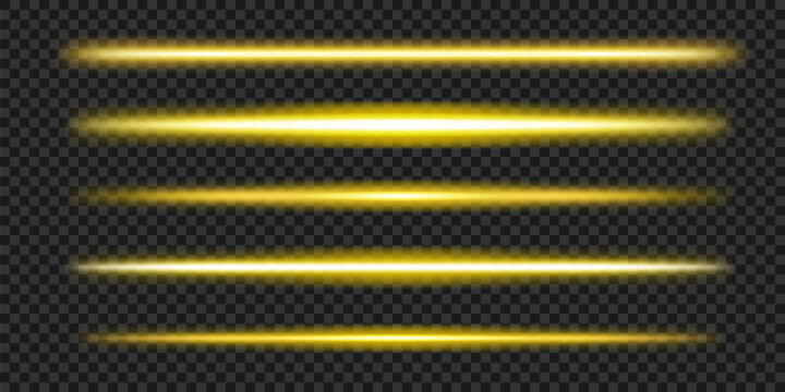 Yellow LED light effect. Gold straight line. Vector lazer illustration with transparency. Golden beam set