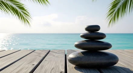 Canvas schilderij Toilet Peaceful stacked black zen stones on a weathered wooden dock overlooking a vibrant tropical ocean and clear blue sky, symbolizing balance and tranquility  © XT Dabro