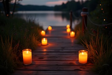 Romantic candle path leading to a wooden deck over water.