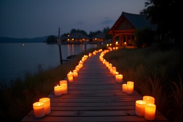 Romantic candle path leading to a wooden deck over water.