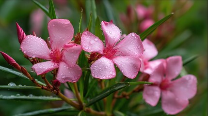 Obraz premium Nerium Oleander with Pink Flowers in Outdoor Garden Close-Up