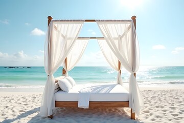 White canopy bed on the beach with flowing curtains in sea breeze.