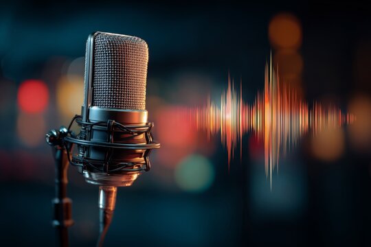 Sound wave backdrop with studio microphone setup captures music and radio essence
