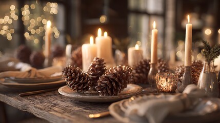 Rustic Festive Dinner Table Setting with Candles Pinecones and Bokeh Lights