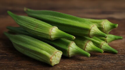 Okra Pods Stacked on Dark Background in Close-Up