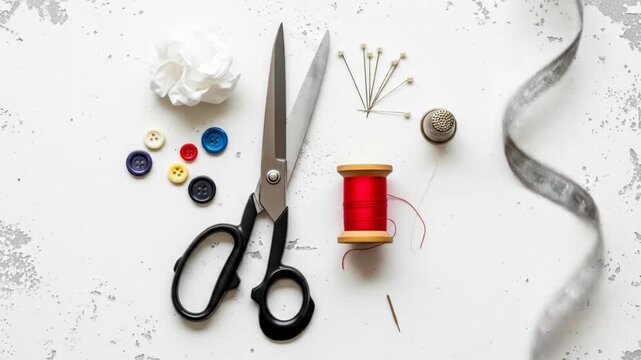 Assorted sewing tools and supplies arranged on a textured white surface