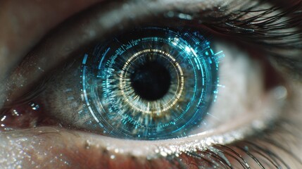 Close-up of a human eye with futuristic digital interface overlay, showcasing intricate details and vibrant colors, representing technology and vision in a modern context