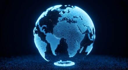 Spectacular three-dimensional render of a glowing blue digital Earth globe made of dots or particles, representing global network, data, and technology against a dark background