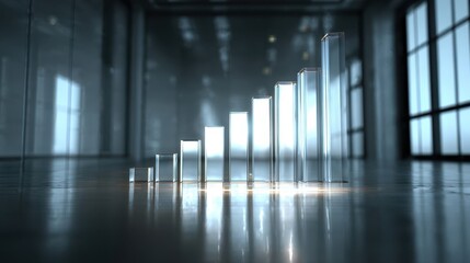Transparent glass bar chart representing growth and success, illuminated by soft light, set against a modern office interior with large windows and polished floor