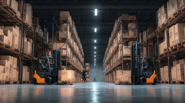 Forklifts maneuvering through a spacious warehouse filled with stacked cardboard boxes, showcasing efficient logistics and organized storage solutions in a modern industrial environment
