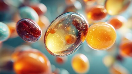 Colorful abstract illustration of floating capsules and spheres, showcasing vibrant textures and luminous effects, creating a dynamic visual experience of fluidity and motion