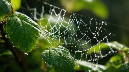 Close-up view of a delicate spider web adorned with glistening dew drops, suspended between vibrant green leaves, showcasing the beauty of nature's intricate design and morning light