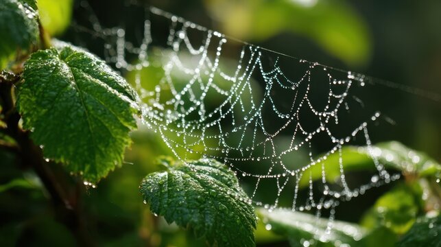 Close-up view of a delicate spider web adorned with glistening dew drops, suspended between vibrant green leaves, showcasing the beauty of nature's intricate design and morning light - Powered by Adobe