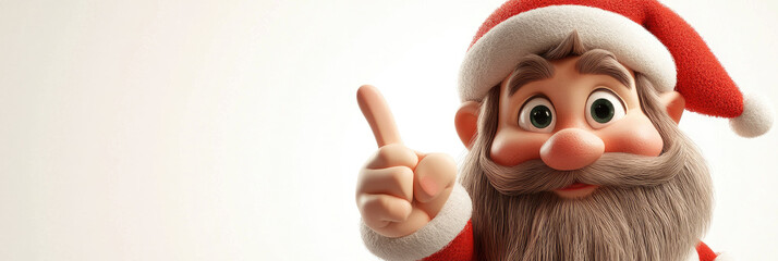 Obraz premium funny cheerful elf-gnome in santa hat Christmas character with surprise face pointing finger to the side, 3d illustration, playful holiday pose, isolated on white background with copy space